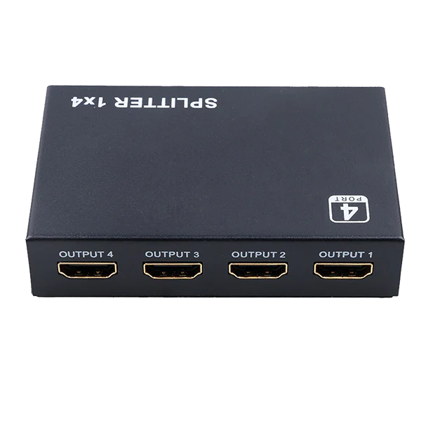 A black HDMI splitter with four output ports, labeled OUTPUT 1 to OUTPUT 4.